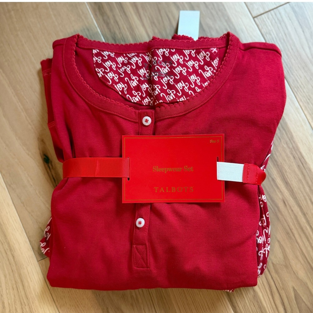 Talbots Sleepwear Set Women Size S Red Joy Script Print Holiday Pajamas NWT